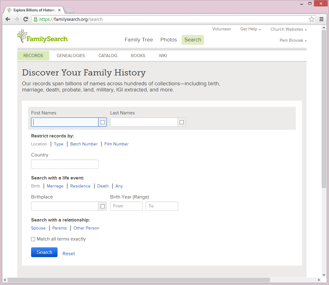 Search page on FamilySearch.org