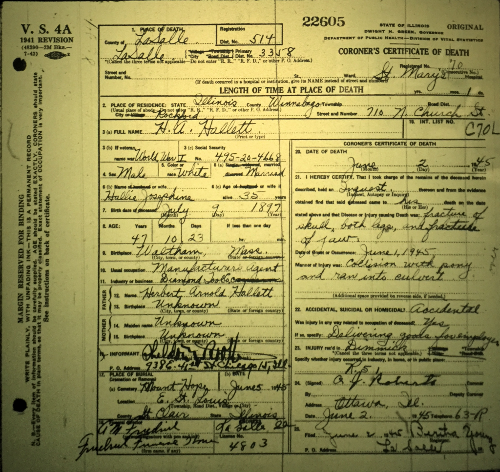 H.A. Hallett Death Certificate