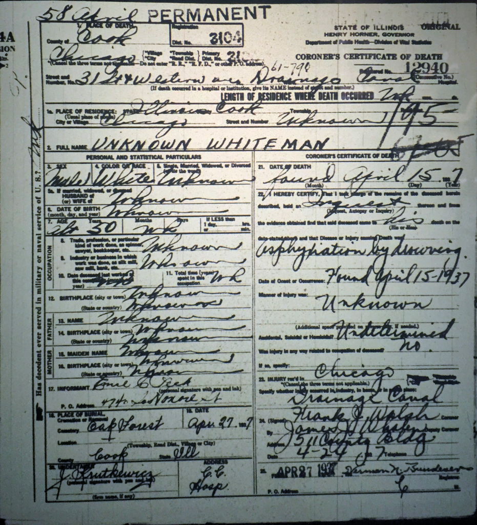 Unknown Whiteman Death Certificate, Drowned