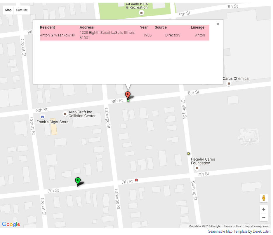 Map of address noted in documents related to the Anton Washkowiak family.