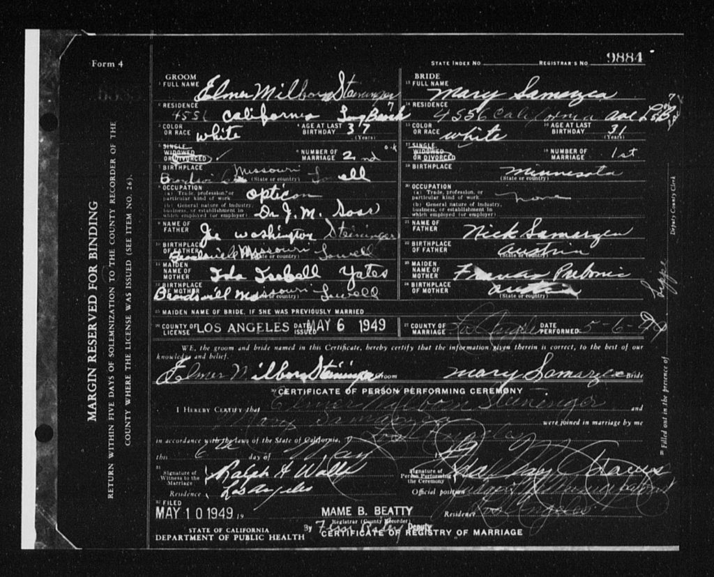 Marriage application for Elmer Steininger and Mary Samarzea 1949