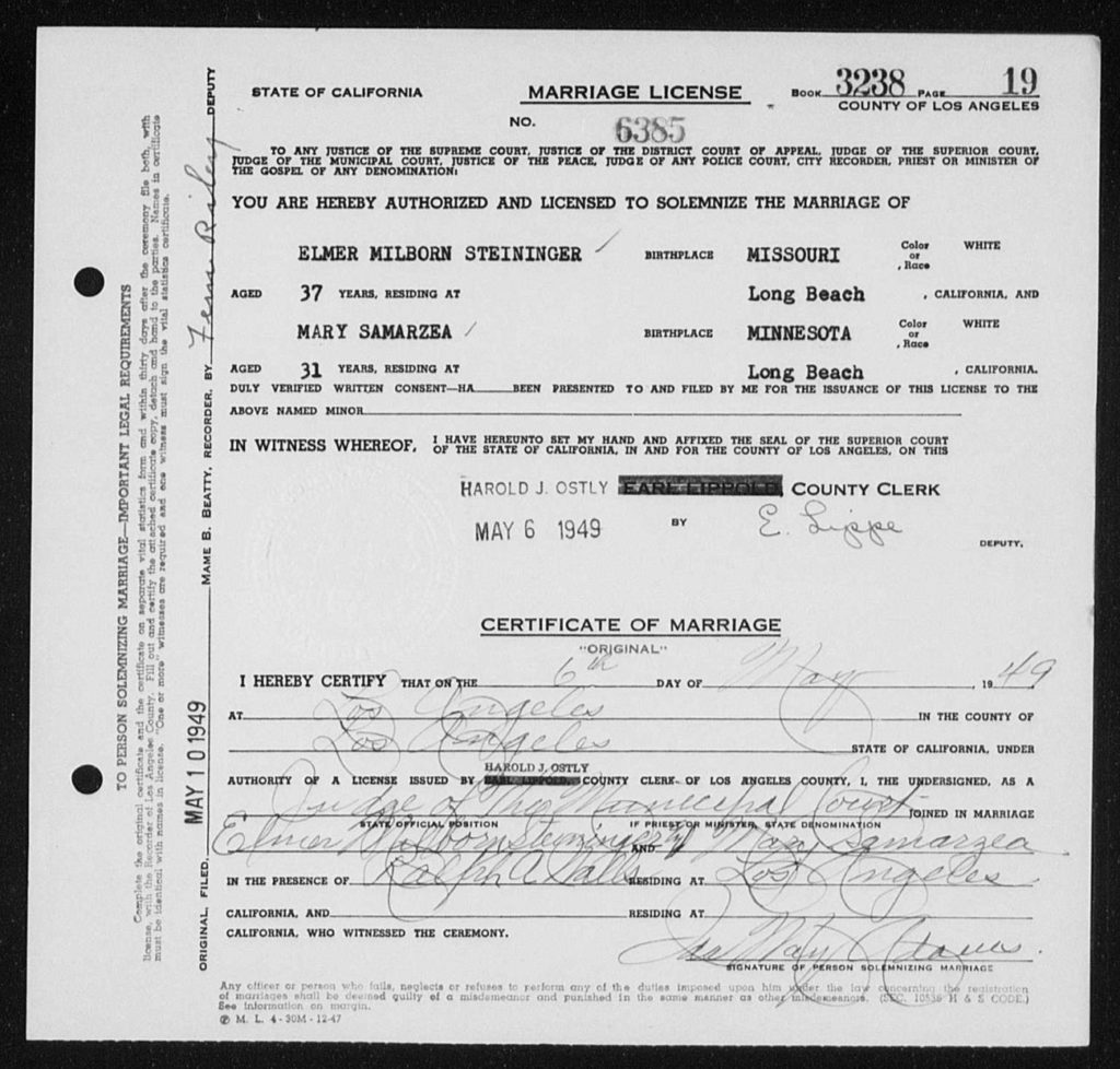 Marriage Certificate for Elmer M Steininger and Mary Samarzea, 1949, Los Angeles, Calif.