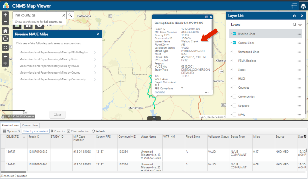 Screenshot showing list of Wahoo Creek segments in Hall county, GA