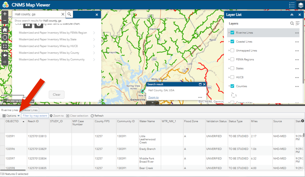 Screenshot showing attribute table and location of "Option" button in upper left area of the table