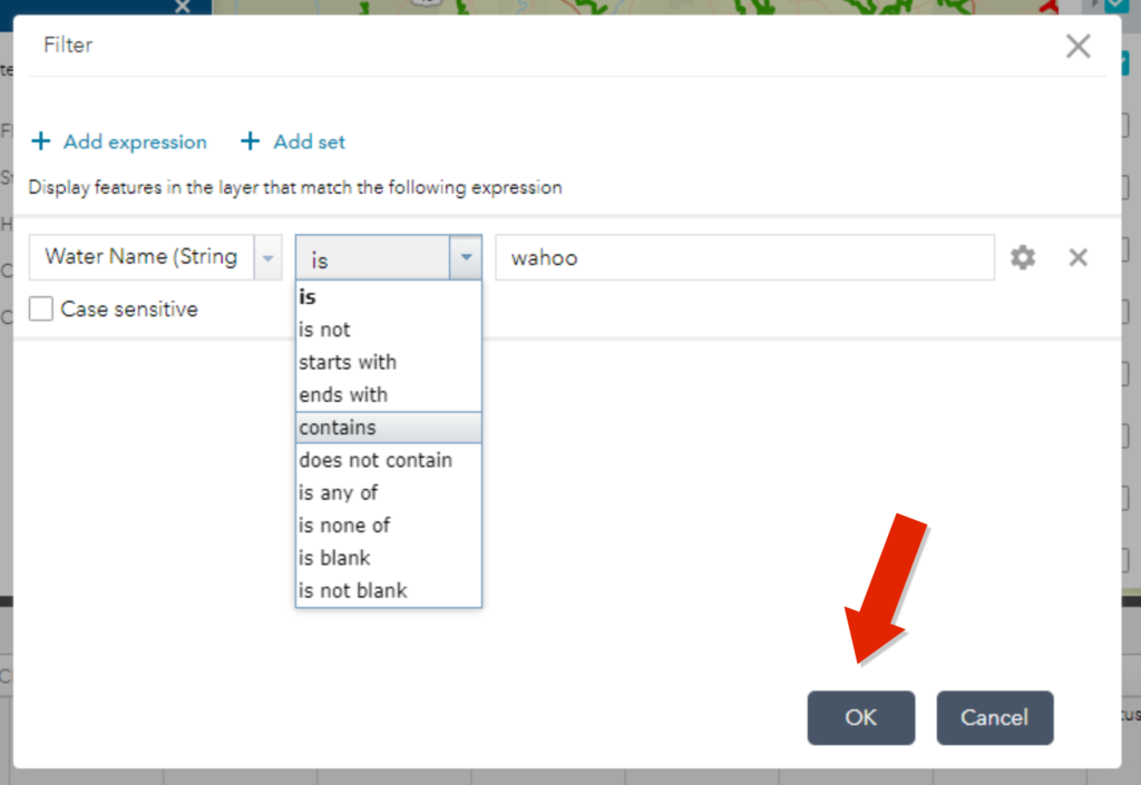 Screenshot showing drop down for next part of expression and the place to add name we are searching for