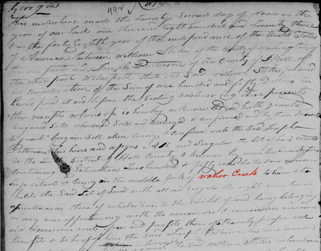 Deed to Joseph Patterson with Wahoo Creek highlighted