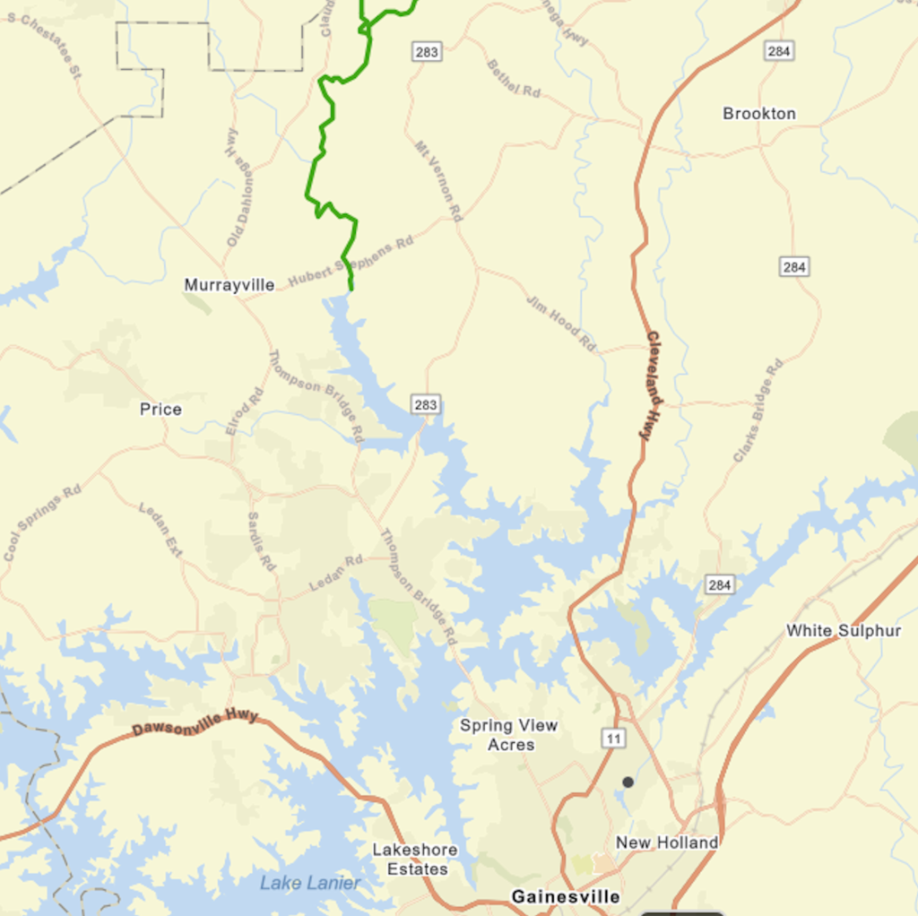 Map of area showing lakes near Wahoo Creek created by damming the Chattahoochee River
