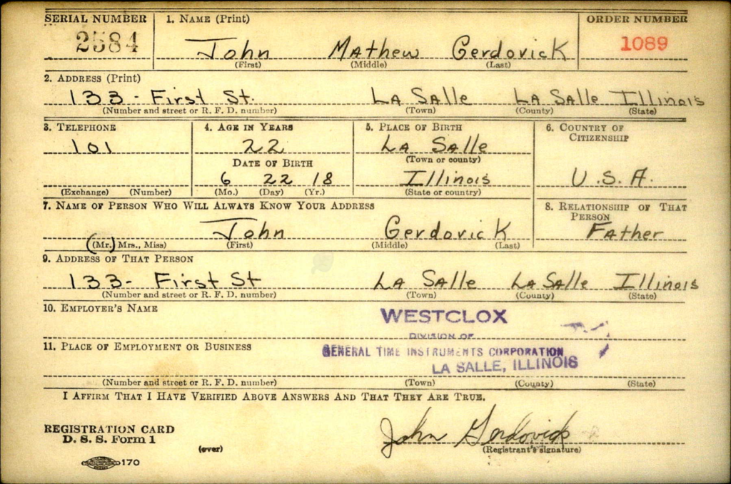 WW2 Card for John Gerdovick
