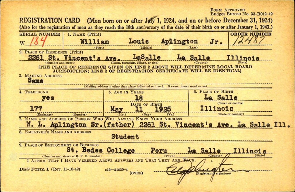 WW2 Draft Card William L Aplington