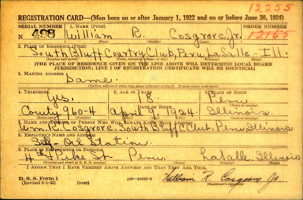 WW2 Draft Card for William R. Cosgrove