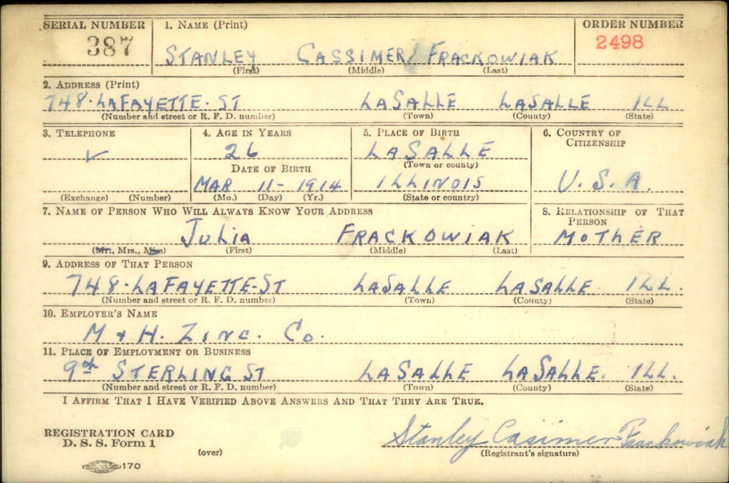 WW2 Draft Card for Stanley Frackowiak
