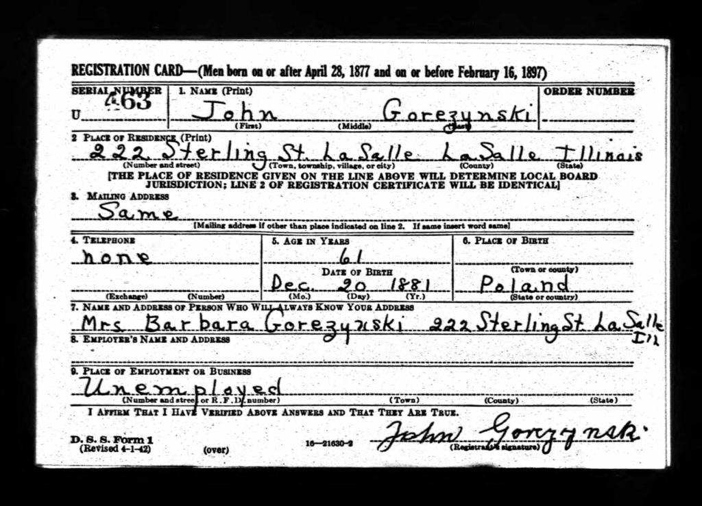 WW2 Draft Card for John Gorczynski