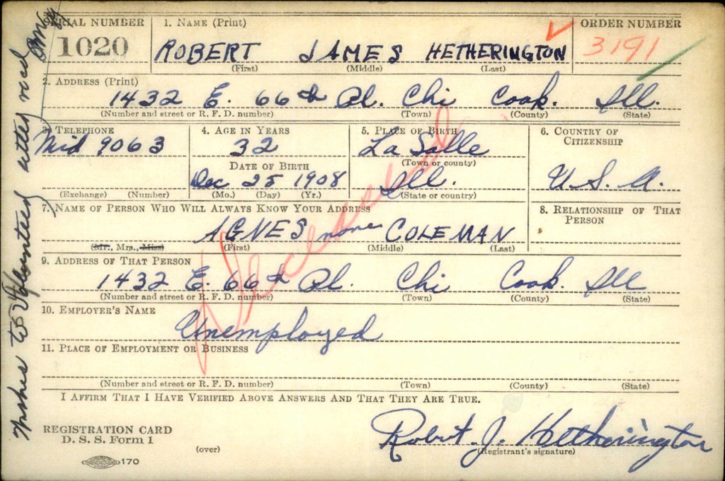 WW2 Draft Card for Robert J. Hetherington