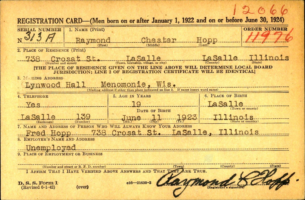 WW2 Draft Card for Raymond Hopp