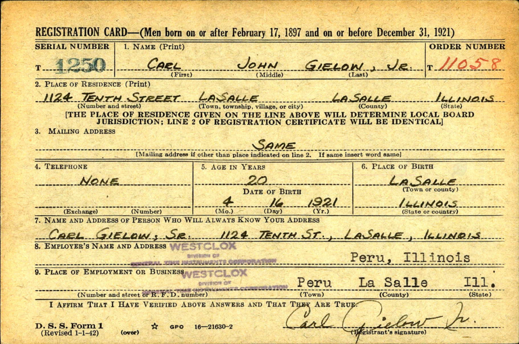 WW2 Draft Card for Carl Gielow