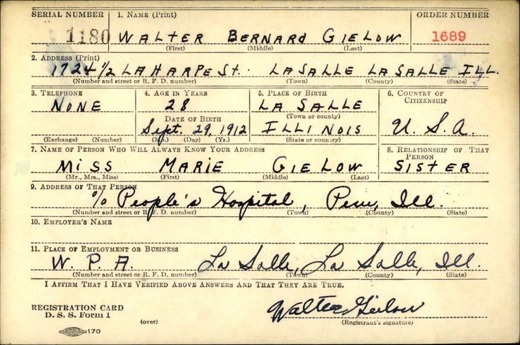 WW2 Draft Card for Walter Gielow