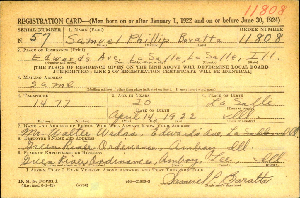 WW2 Draft Card - Samuel P Baratta