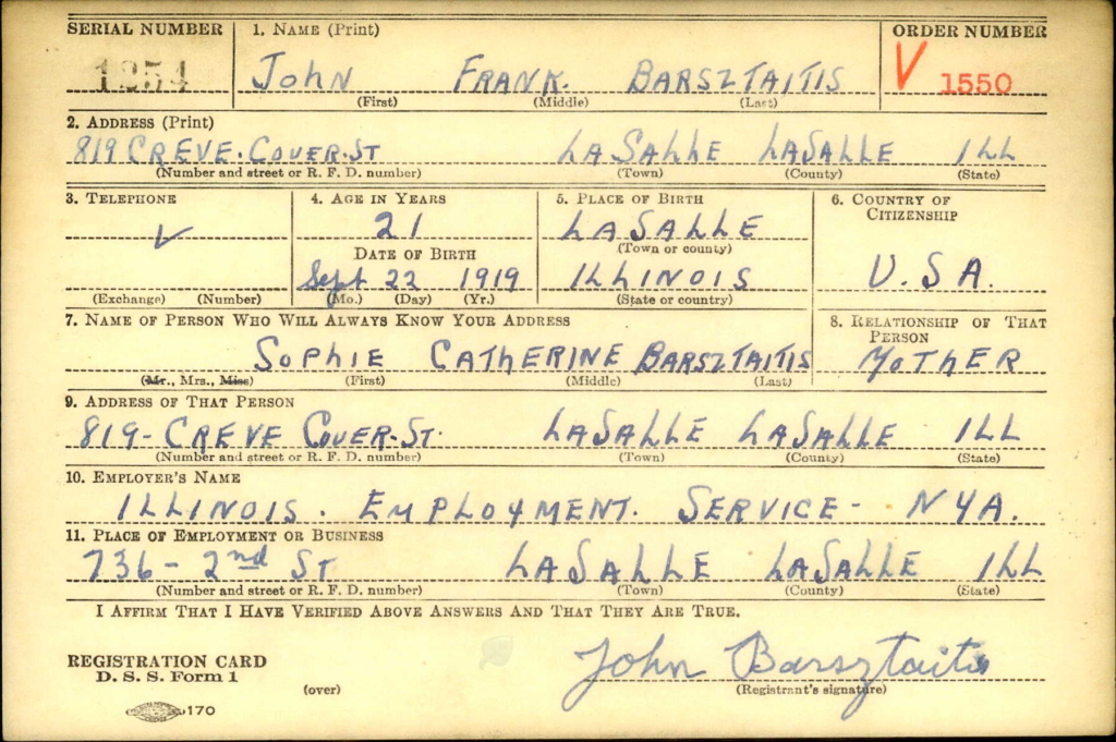 WW2 Draft Card for John Barsztaitis