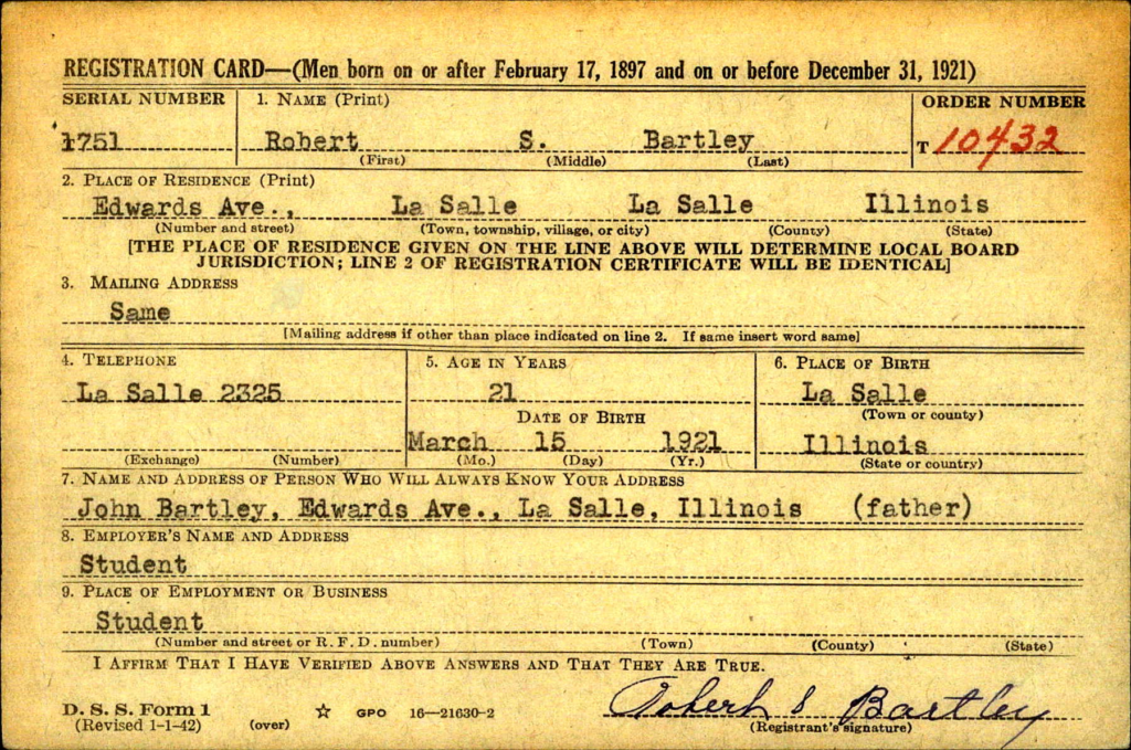 WW2 Draft Card for Robert Bartley