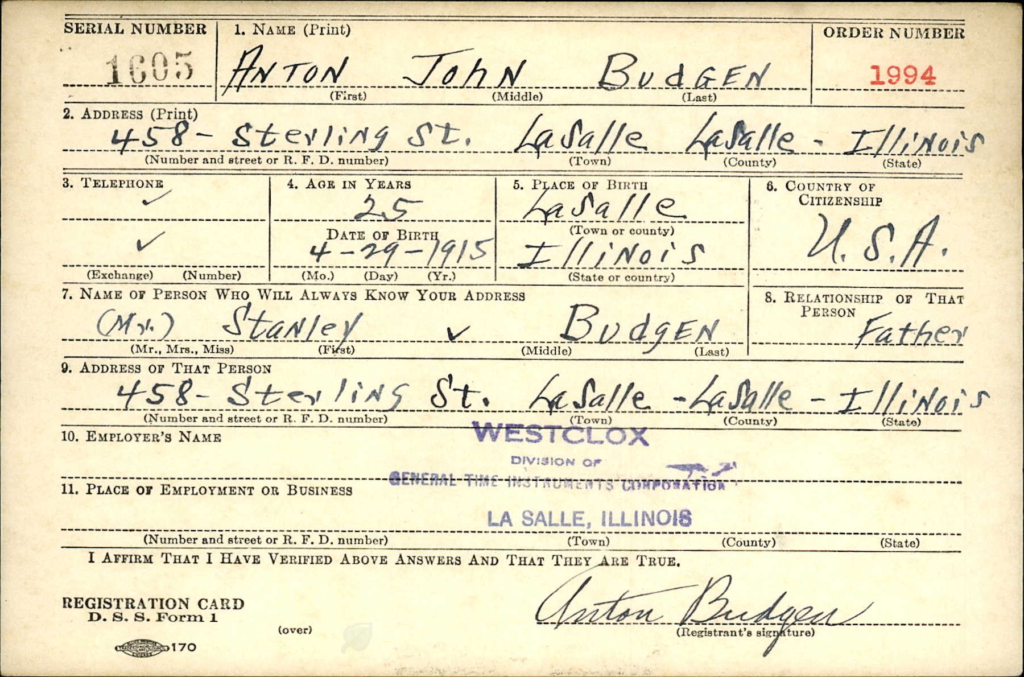 WW2 Draft Card for Anton Budgen