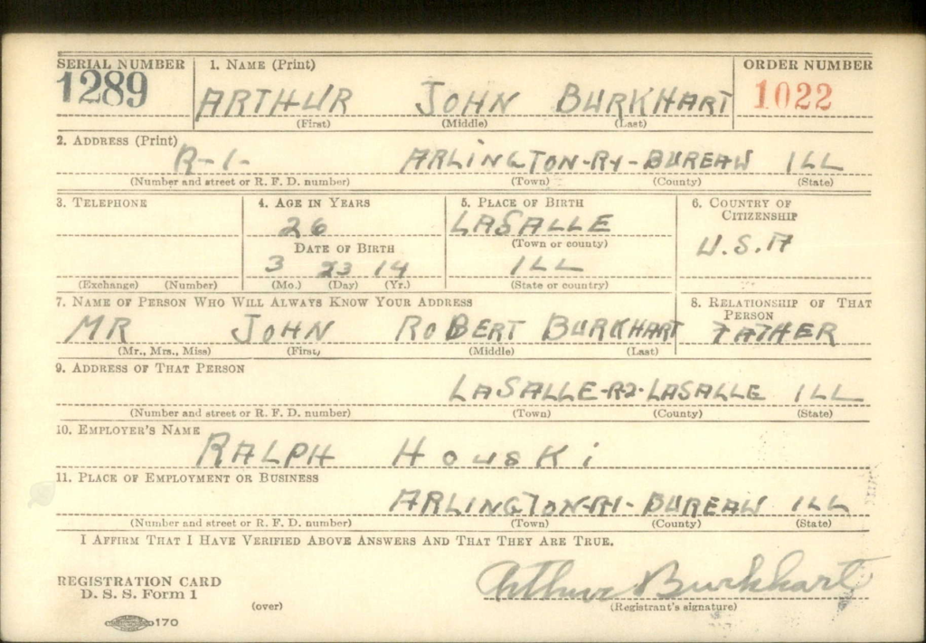 WW2 Draft Card for Arthur Burkhart