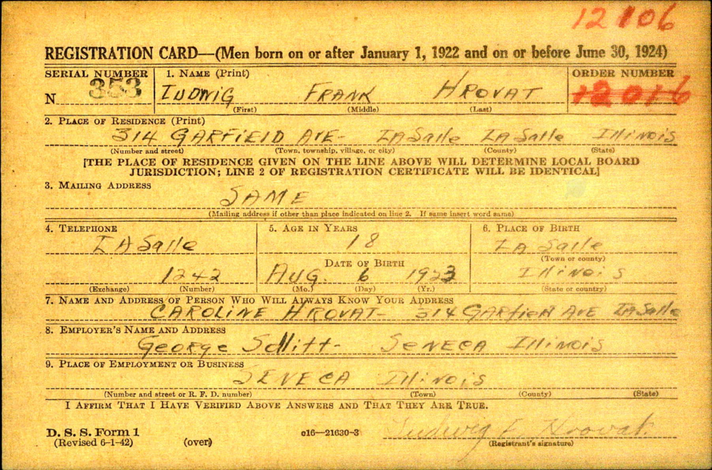 WWII draft registration card for Ludwig Hrovat