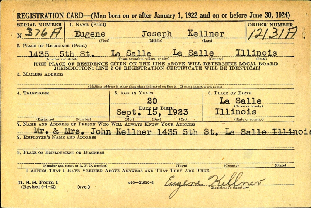 WWII Draft Registration Card for Eugene Kellner
