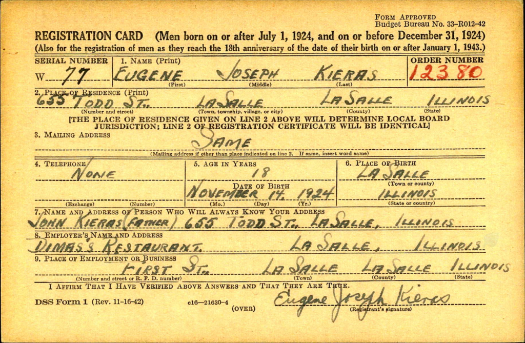 Draft registration card for Eugene Kieras