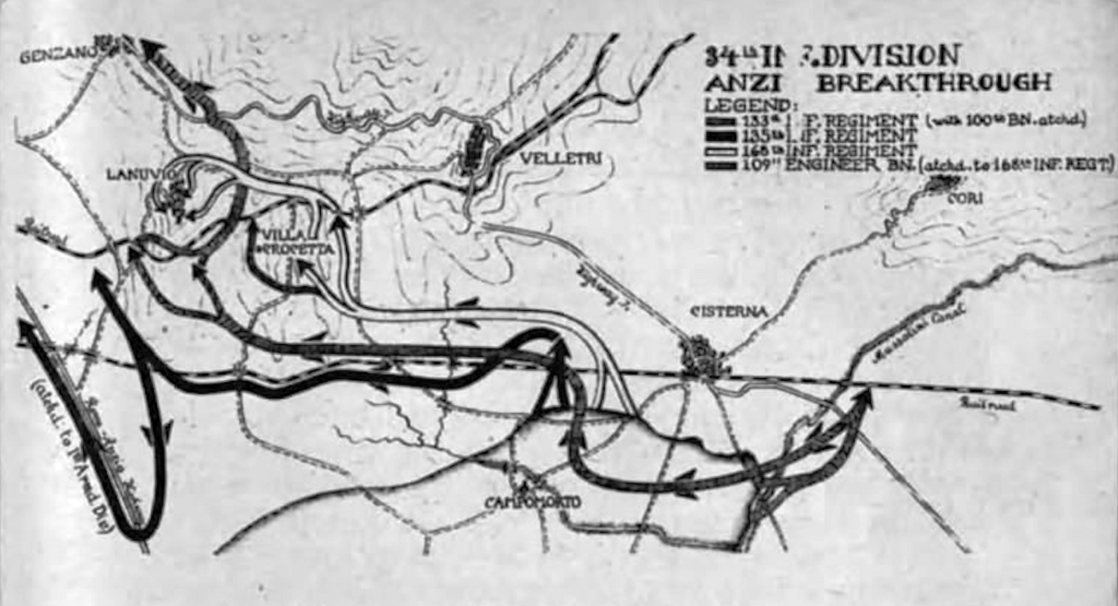 Map showing drive of 34th Infantry Division through Italy - Anzi Breakthrough