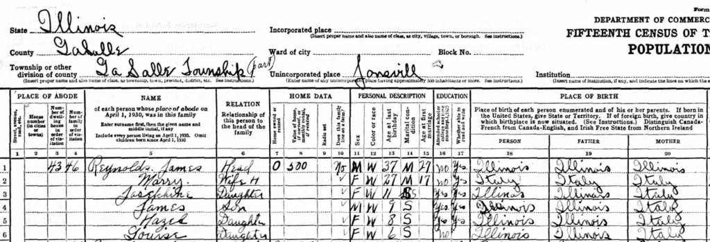 A portion of the 1930 census showing the list of members of the James Reynolds Sr. household