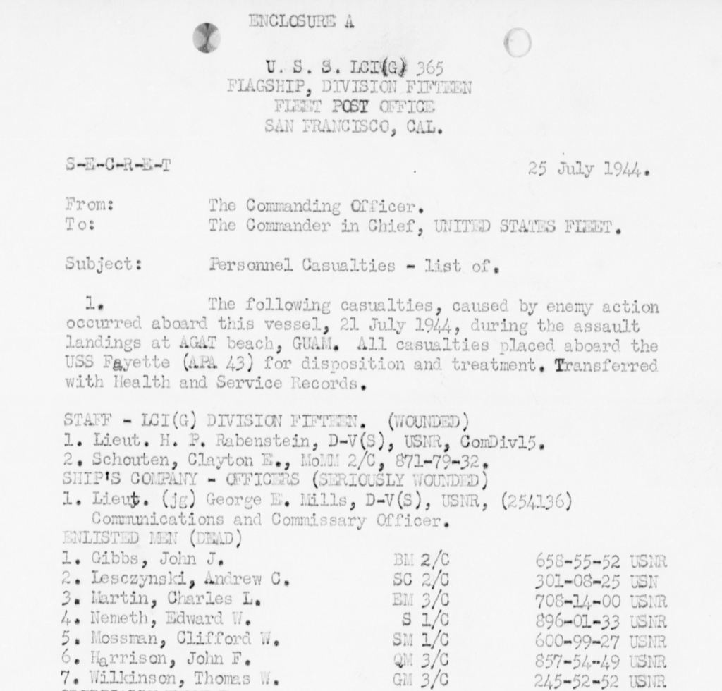 Report listing those who were killed aboard the U.S.S. LCI(G) 365 on 21 July 1944 during the assault landings at AGAT beach, GUAM.