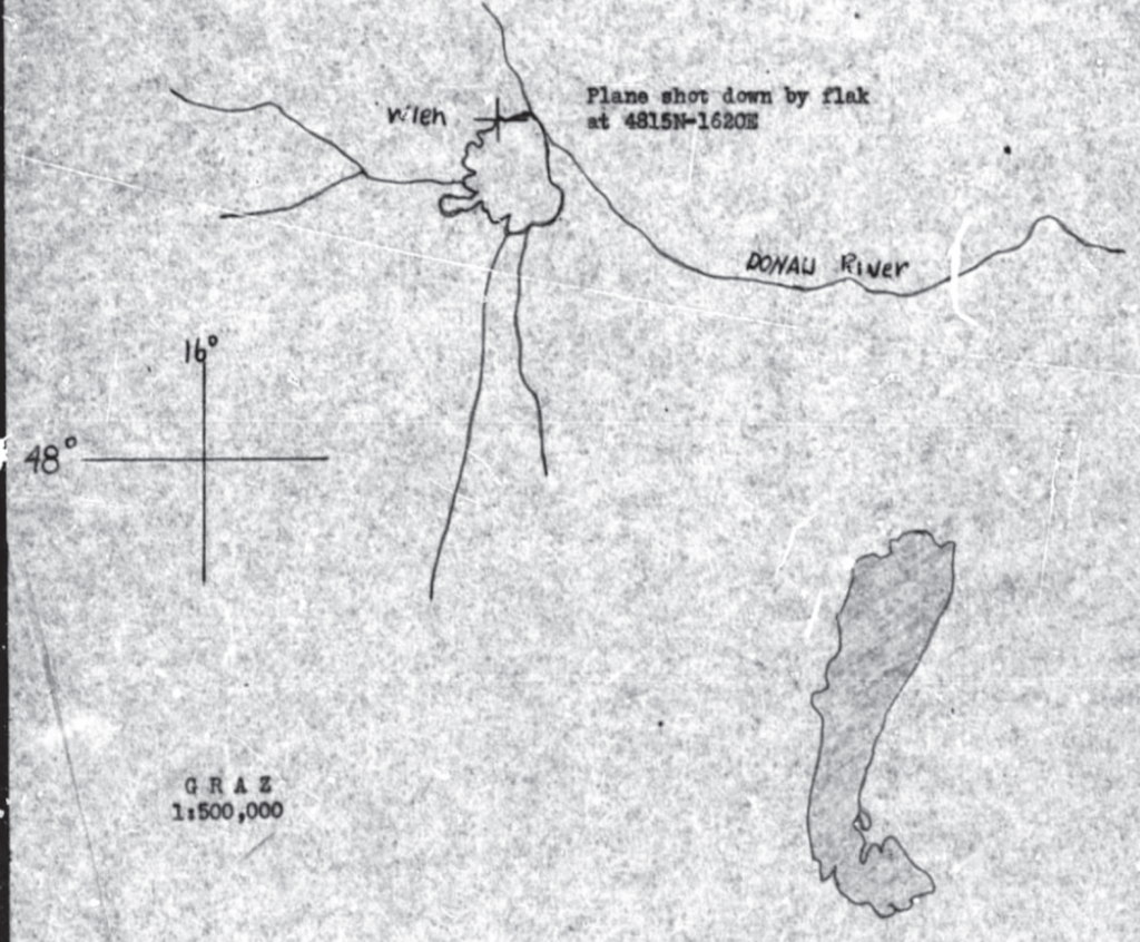 Map showing location of the plane shot down by flak.