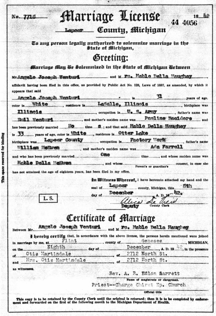 Marriage certificate for Angelo Venturi and Mabel Haughey