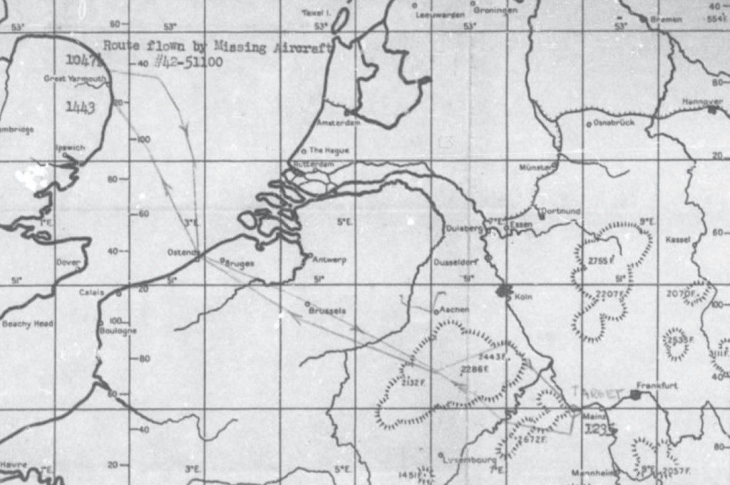 Map showing flight path of plane 42-51100 from the UK to Germany.