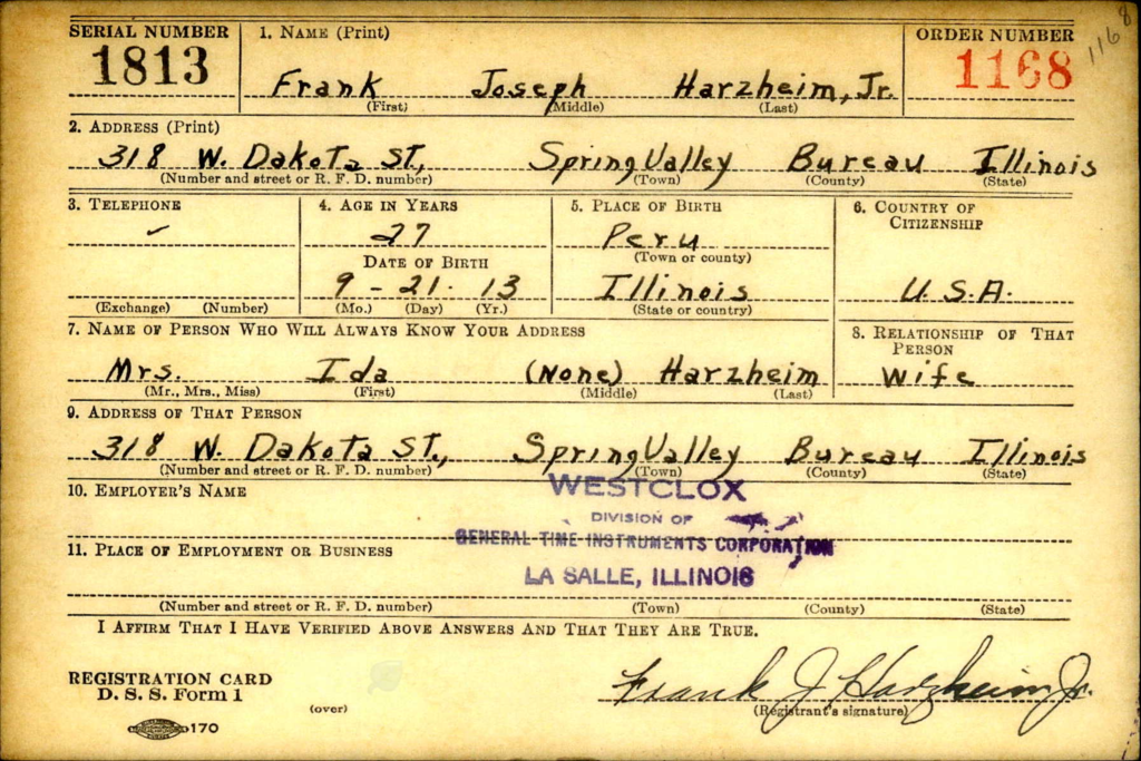 WWII draft registration card for Frank Joseph Harzheim.