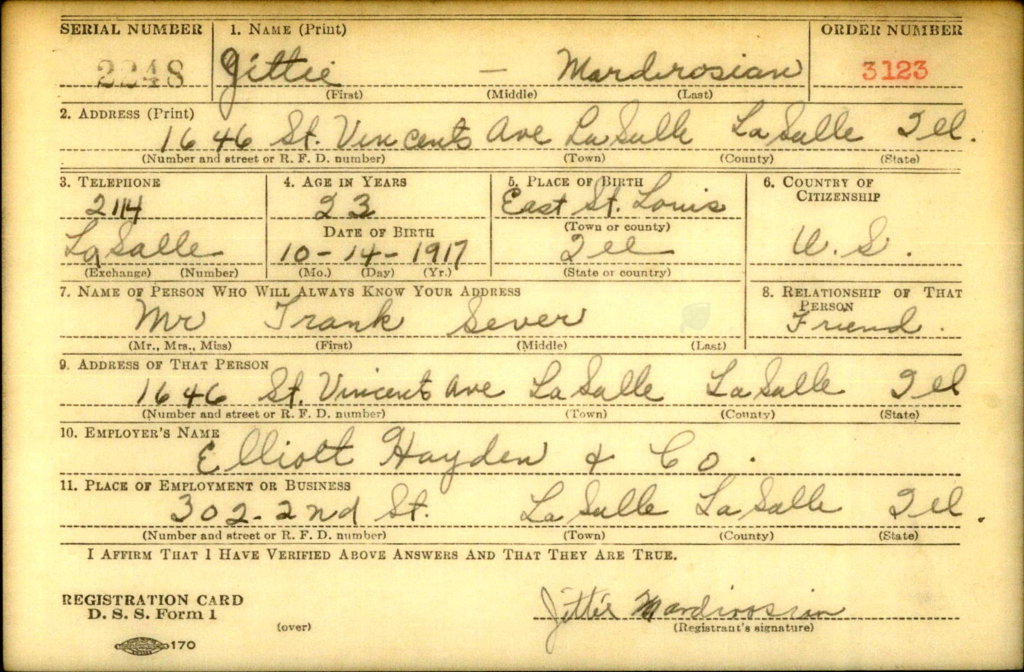 WWII draft registration card for Jittie Mardirosian.