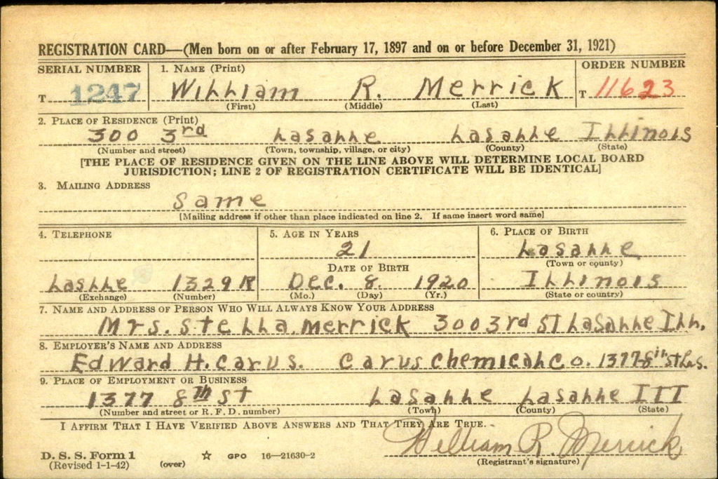 WWII draft registration card for William R. Merrick