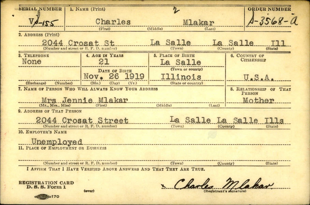 WWII draft registration card for Charles Mlaker.
