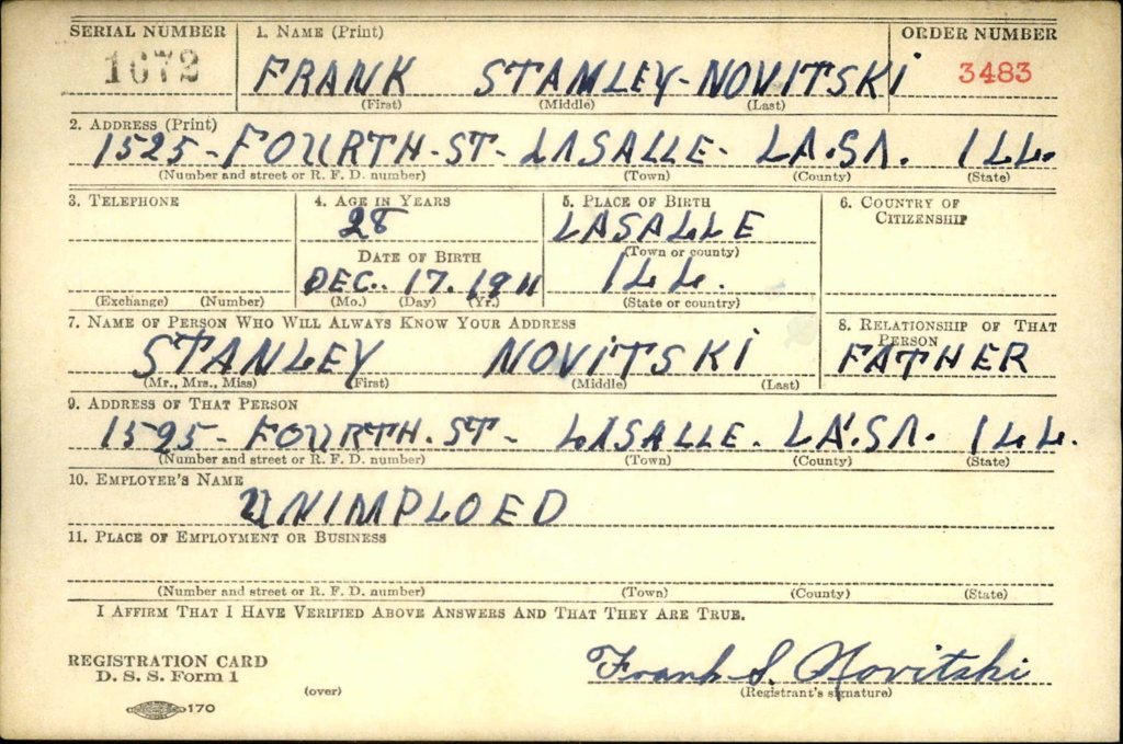 WWII draft registration card for Frank Stanley Novitski.