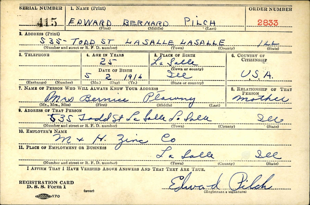 WWII draft registration card for Edward Bernard Pilch