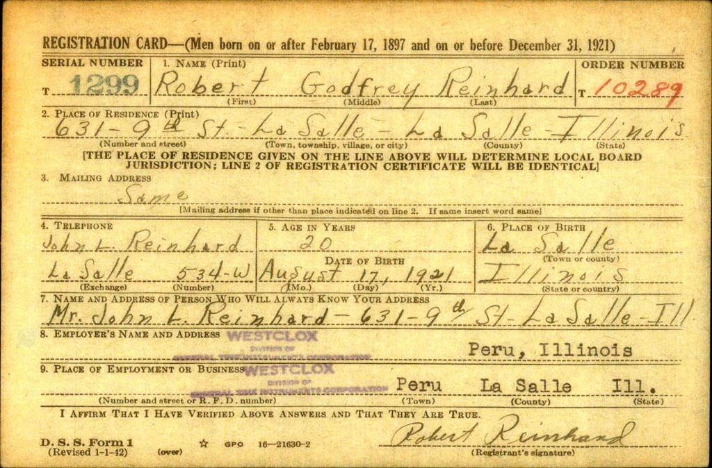 WWII draft registration card for Robert Godfrey Reinhard.