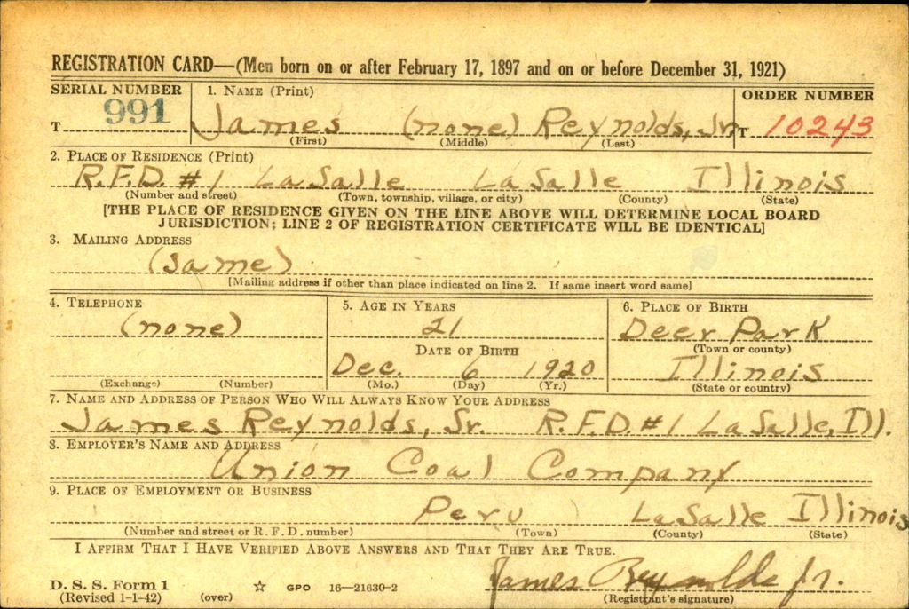 WWII draft registration card for James Reynolds Jr.