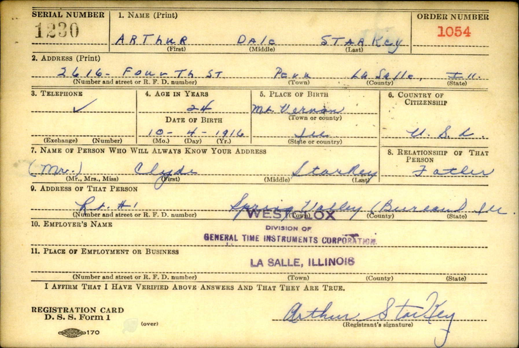 WWII draft registration card for Arthur Starkey