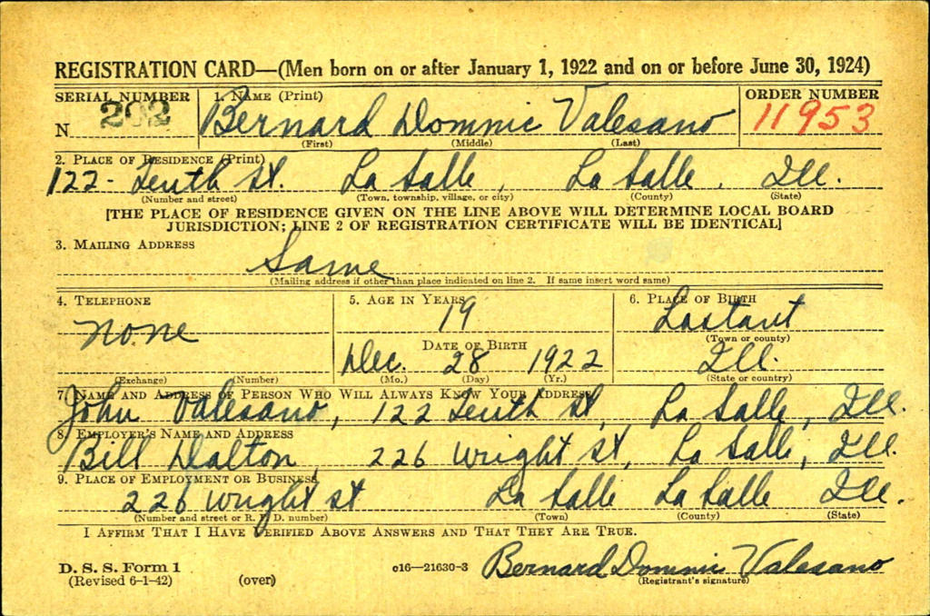 WWII draft registration card for Bernard Dominic Valesano.