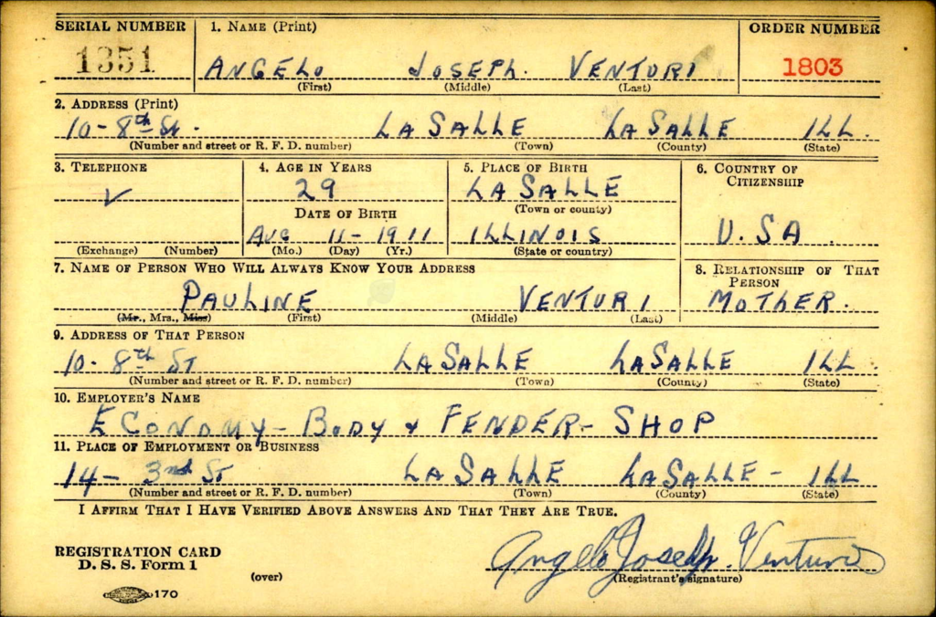 WWII draft registration card for Angelo Joseph Venturi.