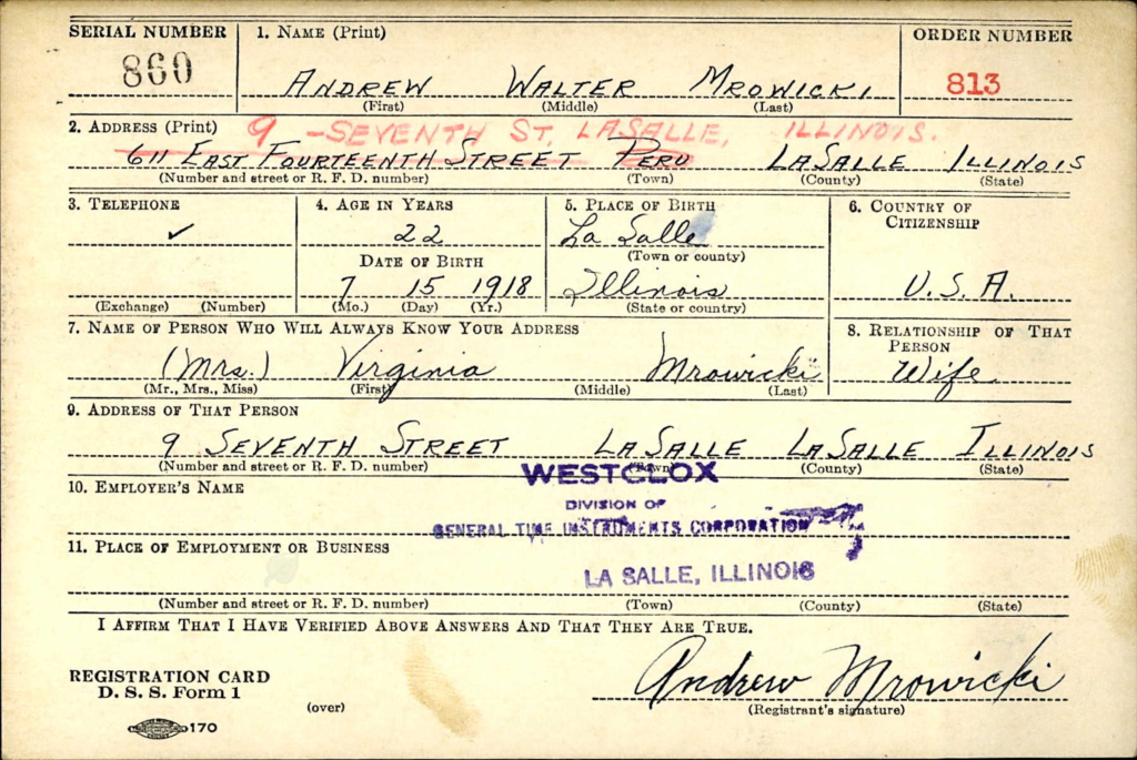 WWII draft registration card for Andrew W. Mrowicki