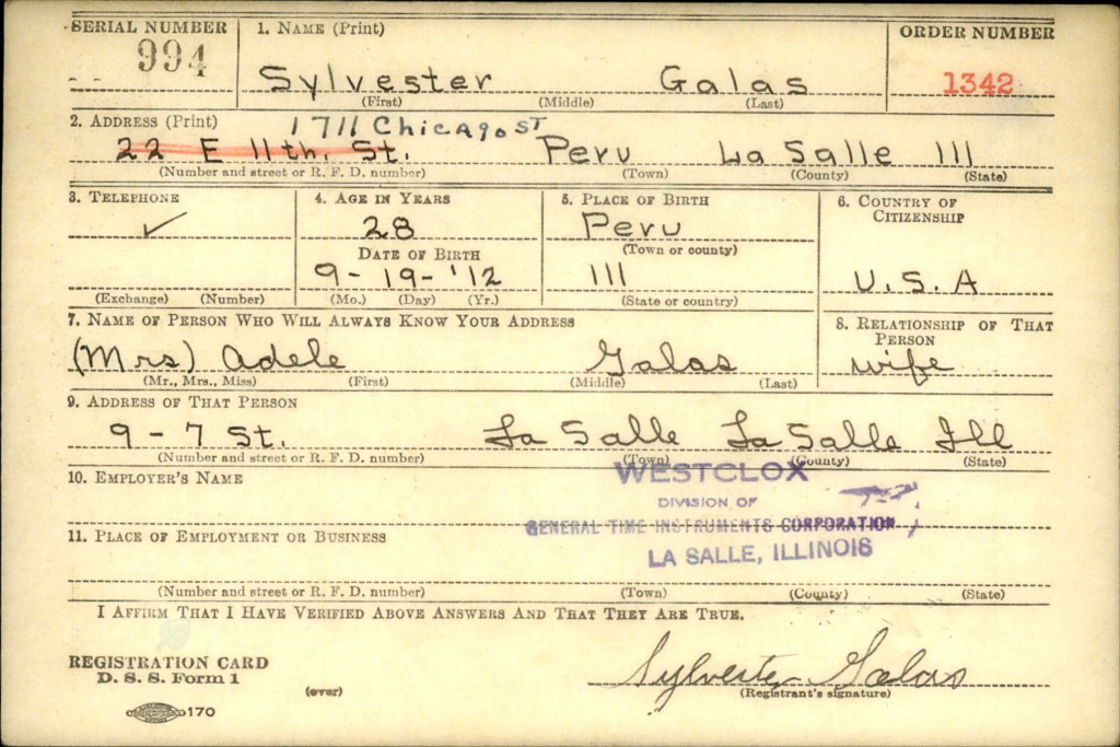 WWII draft registration card for Sylvester Galas