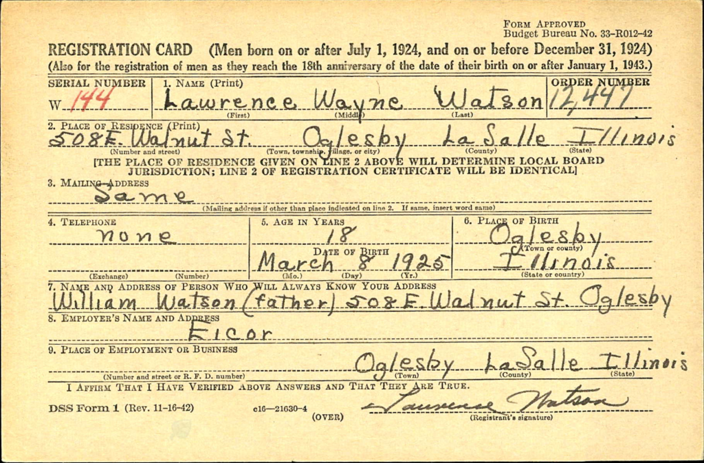 WWII draft registration card for Lawrence Wayne Watson