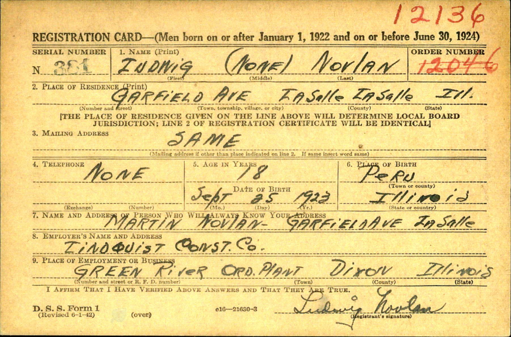 WWII draft registration card for Ludwig Novlan