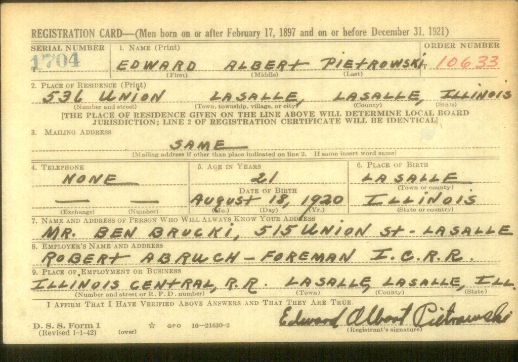 WWII draft registration card for Edward Albert Pietrowski